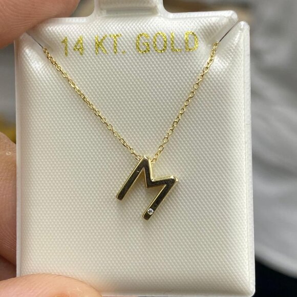 14K Yellow Gold Necklace Pendant Letters CZ Cable Link Chain 18" Jewelry Unisex - Picture 12 of 13